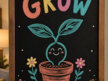 A hand-drawn spring chalkboard sign reading "GROW".