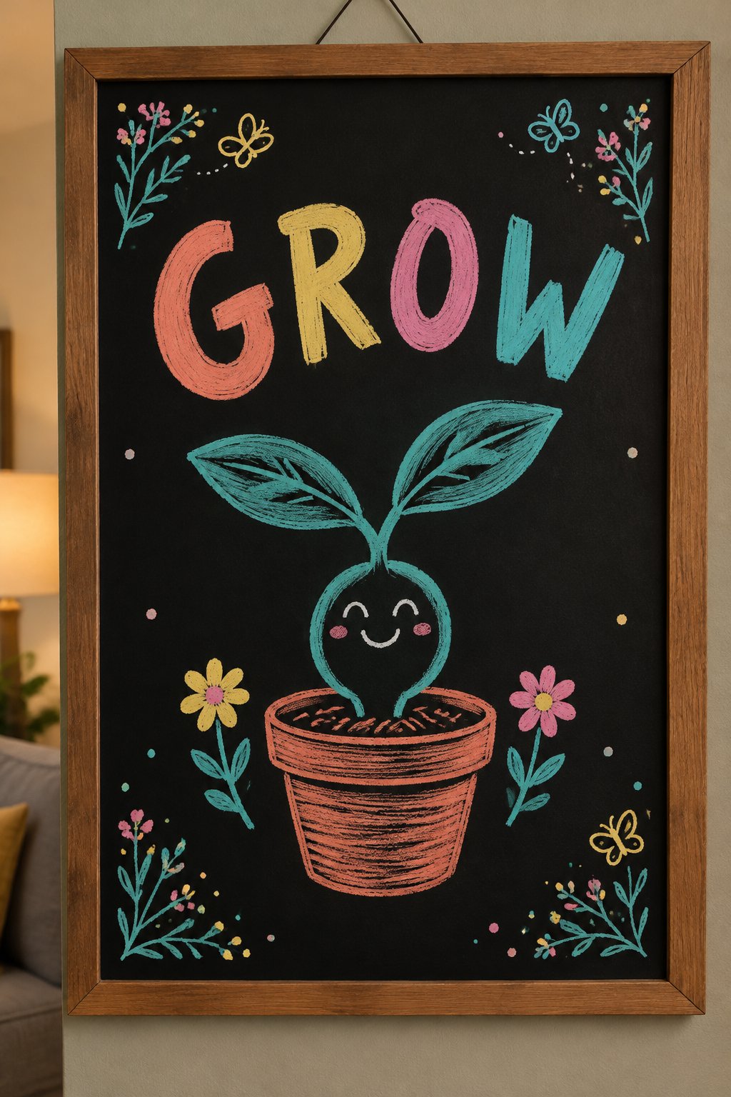 A hand-drawn spring chalkboard sign reading "GROW".