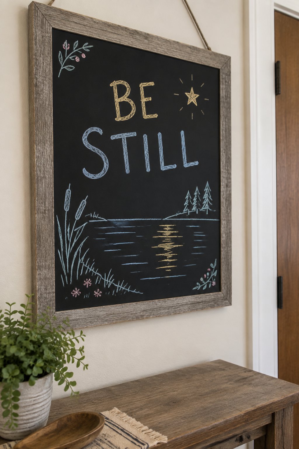 Be Still and Know: a hand-drawn newyear chalkboard sign reading "BE STILL".