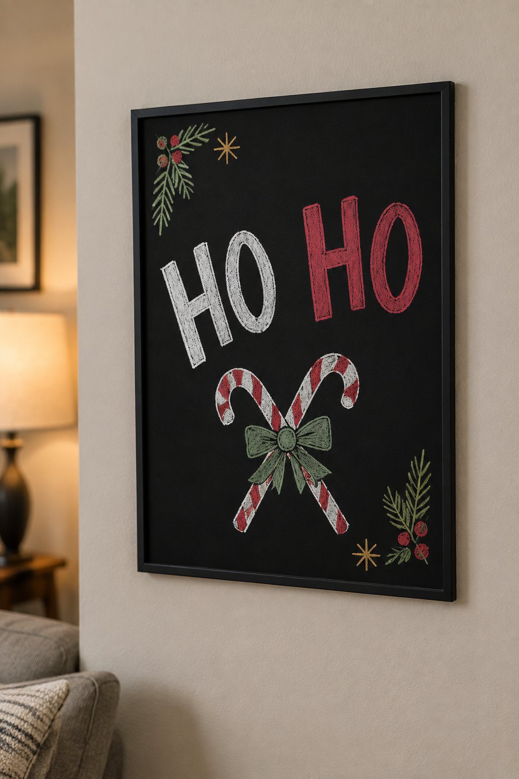 Candy Cane Pair: a hand-drawn christmas chalkboard sign reading "HO HO".