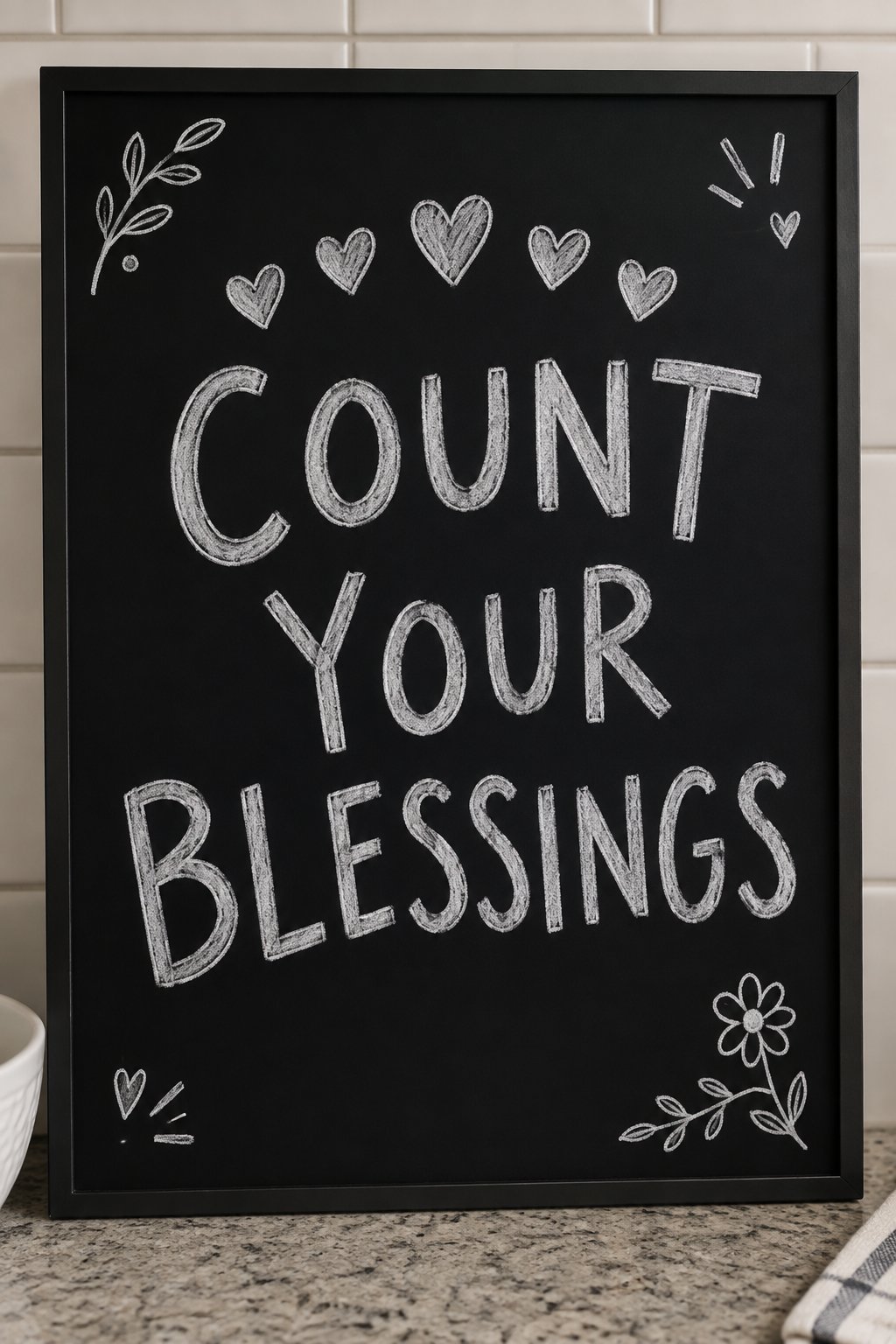 Count Your Blessings: a hand-drawn winter chalkboard sign reading "COUNT YOUR BLESSINGS".