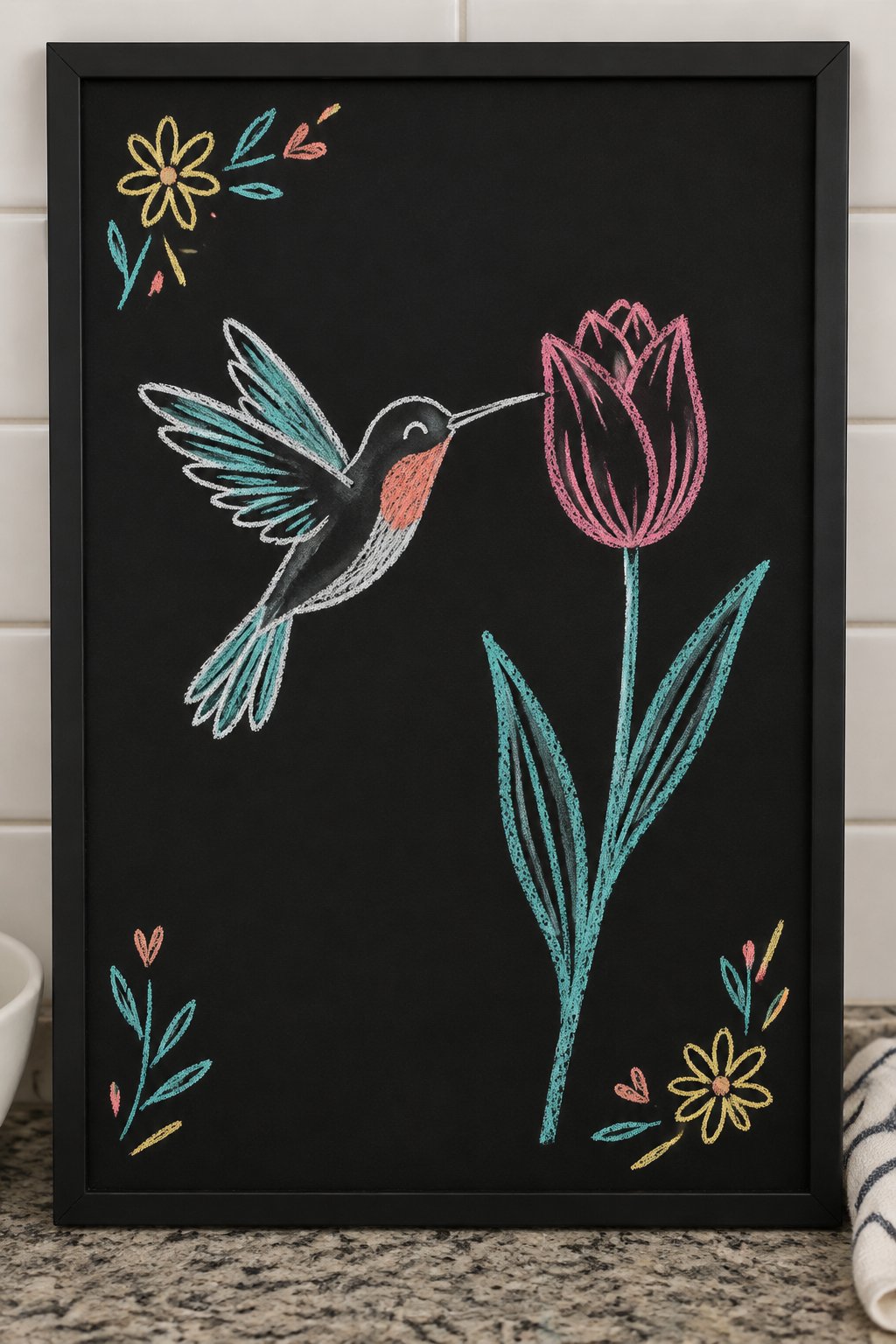 Hummingbird and Tulip: a hand-drawn spring chalkboard sign drawn without words, a hummingbird hovering beside a tall tulip.