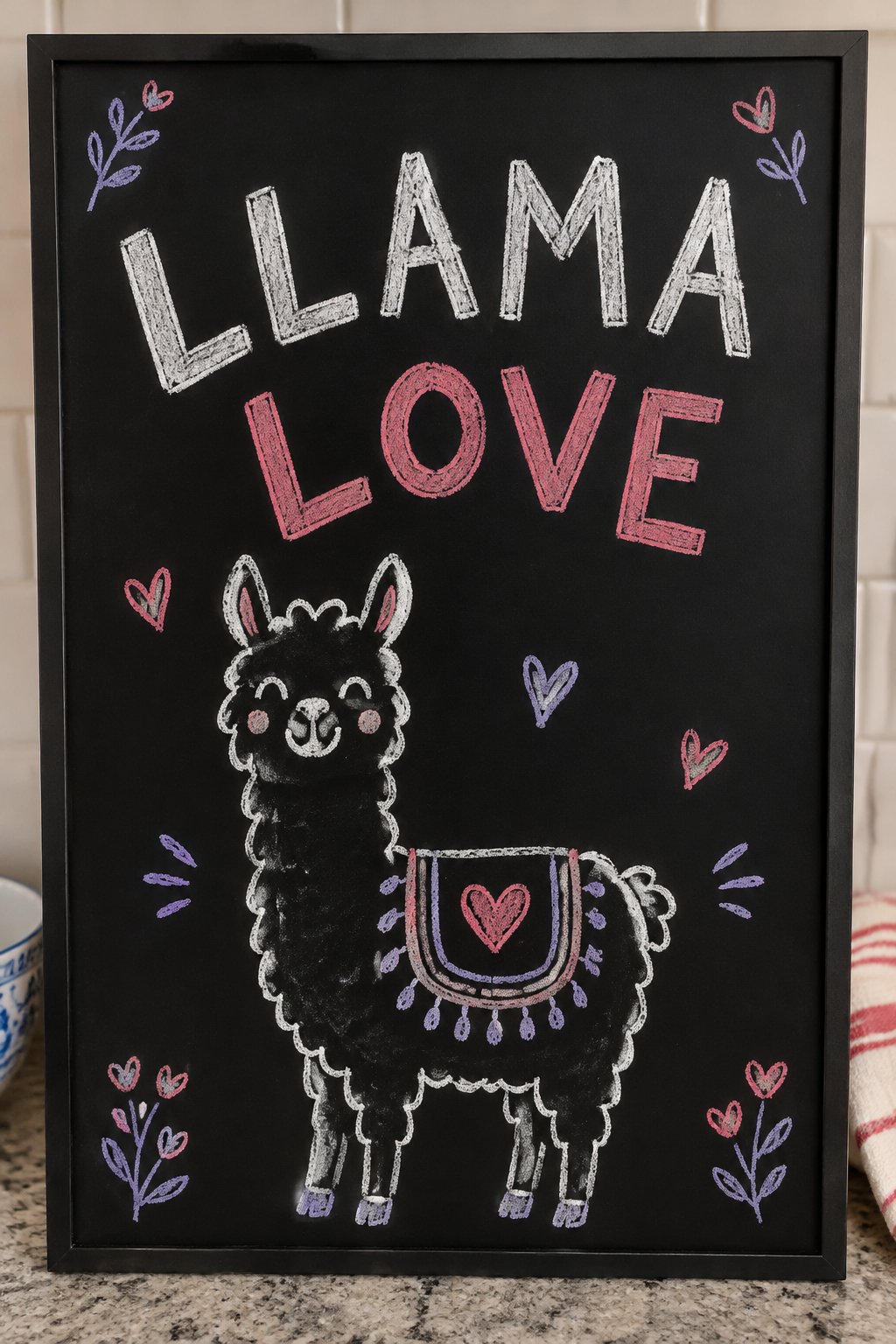 Llama Love: a hand-drawn valentines chalkboard sign reading "LLAMA LOVE".