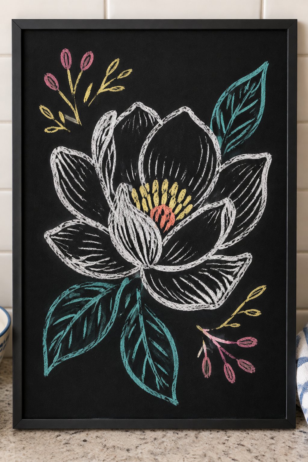Magnolia Bloom: a hand-drawn spring chalkboard sign drawn without words, a big open magnolia flower with a few leaves.