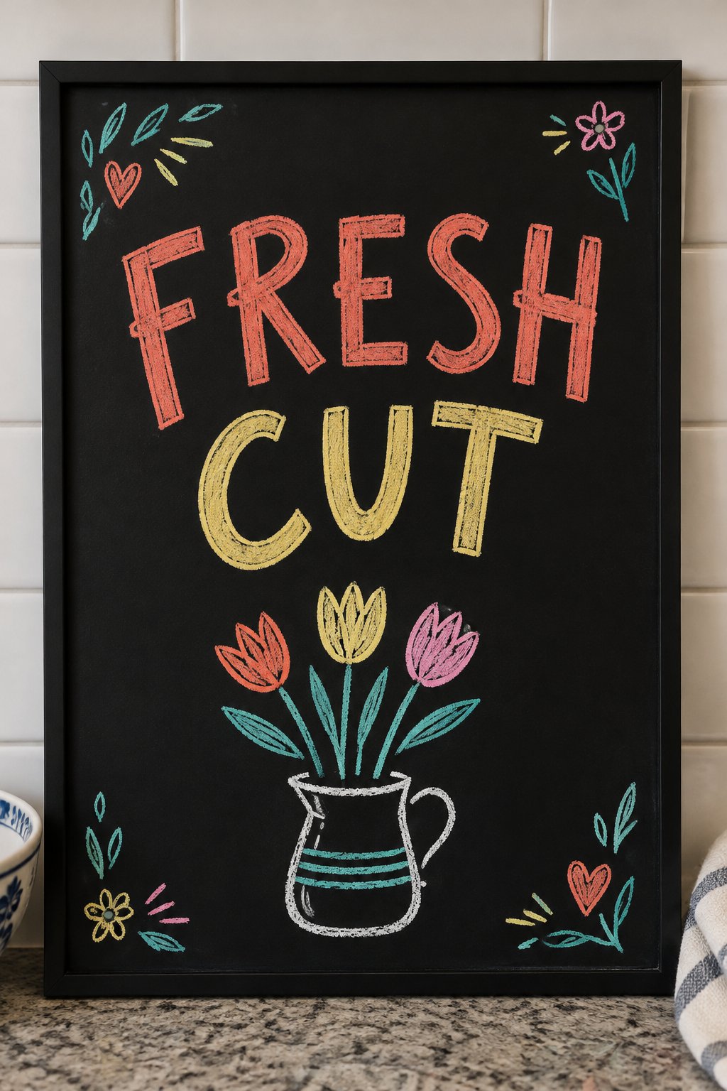 Pot of Posies: a hand-drawn spring chalkboard sign reading "FRESH CUT".