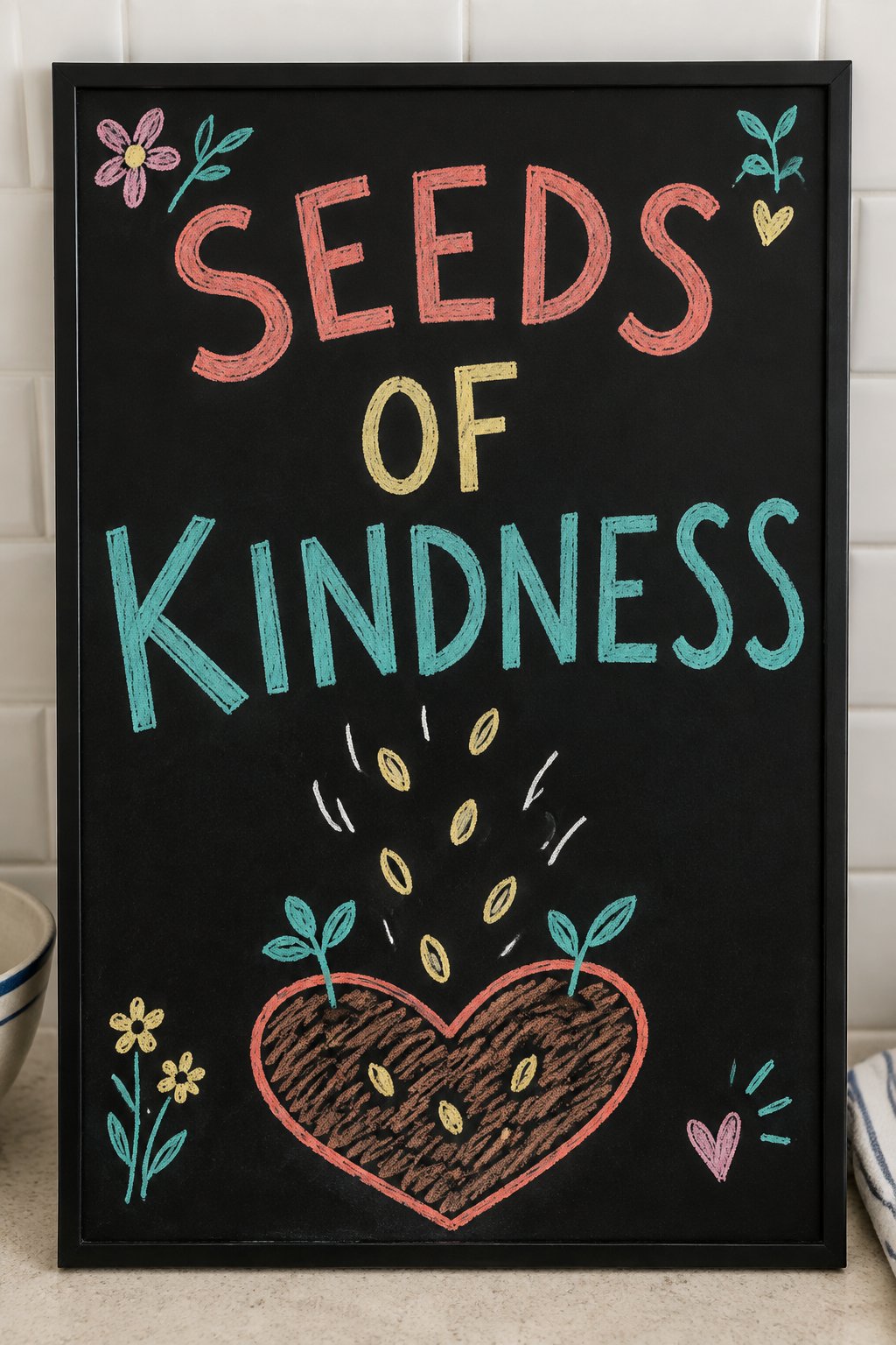 Seeds of Kindness: a hand-drawn spring chalkboard sign reading "SEEDS OF KINDNESS".