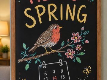 A hand-drawn spring chalkboard sign reading "HELLO SPRING".