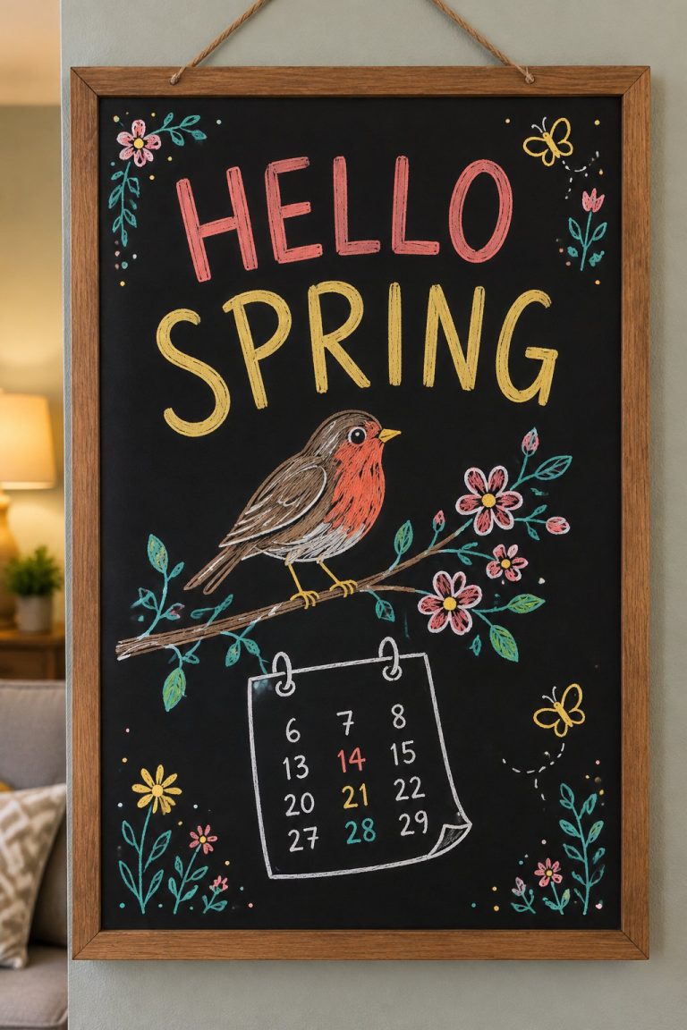 A hand-drawn spring chalkboard sign reading "HELLO SPRING".
