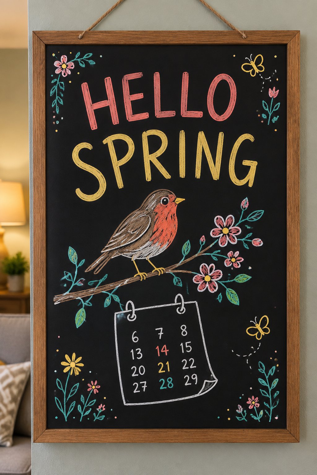 A hand-drawn spring chalkboard sign reading "HELLO SPRING".