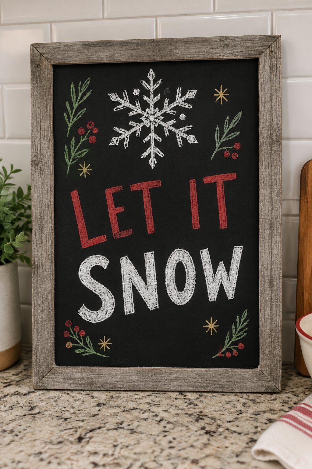 Big Snowflake: a hand-drawn christmas chalkboard sign reading "LET IT SNOW".
