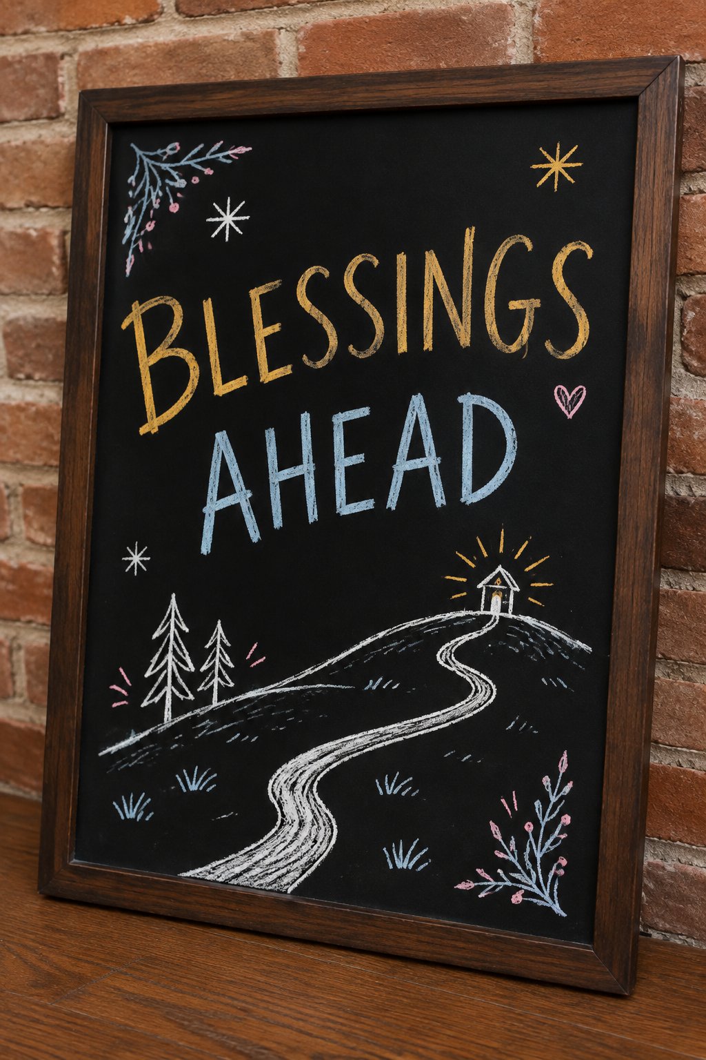 Blessings Ahead: a hand-drawn newyear chalkboard sign reading "BLESSINGS AHEAD".
