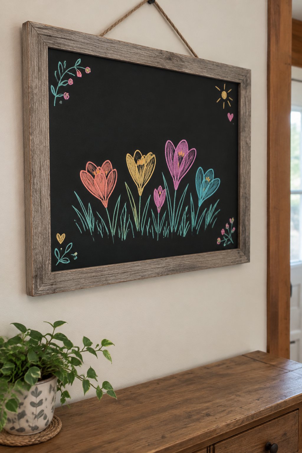 Crocus Patch: a hand-drawn spring chalkboard sign drawn without words, a patch of crocuses poking up through the grass.