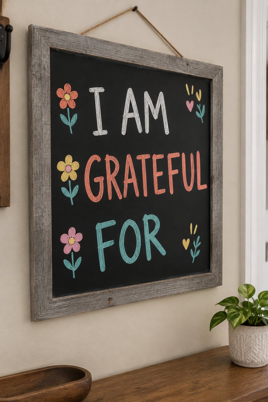 Gratitude List: a hand-drawn spring chalkboard sign reading "I AM GRATEFUL FOR".