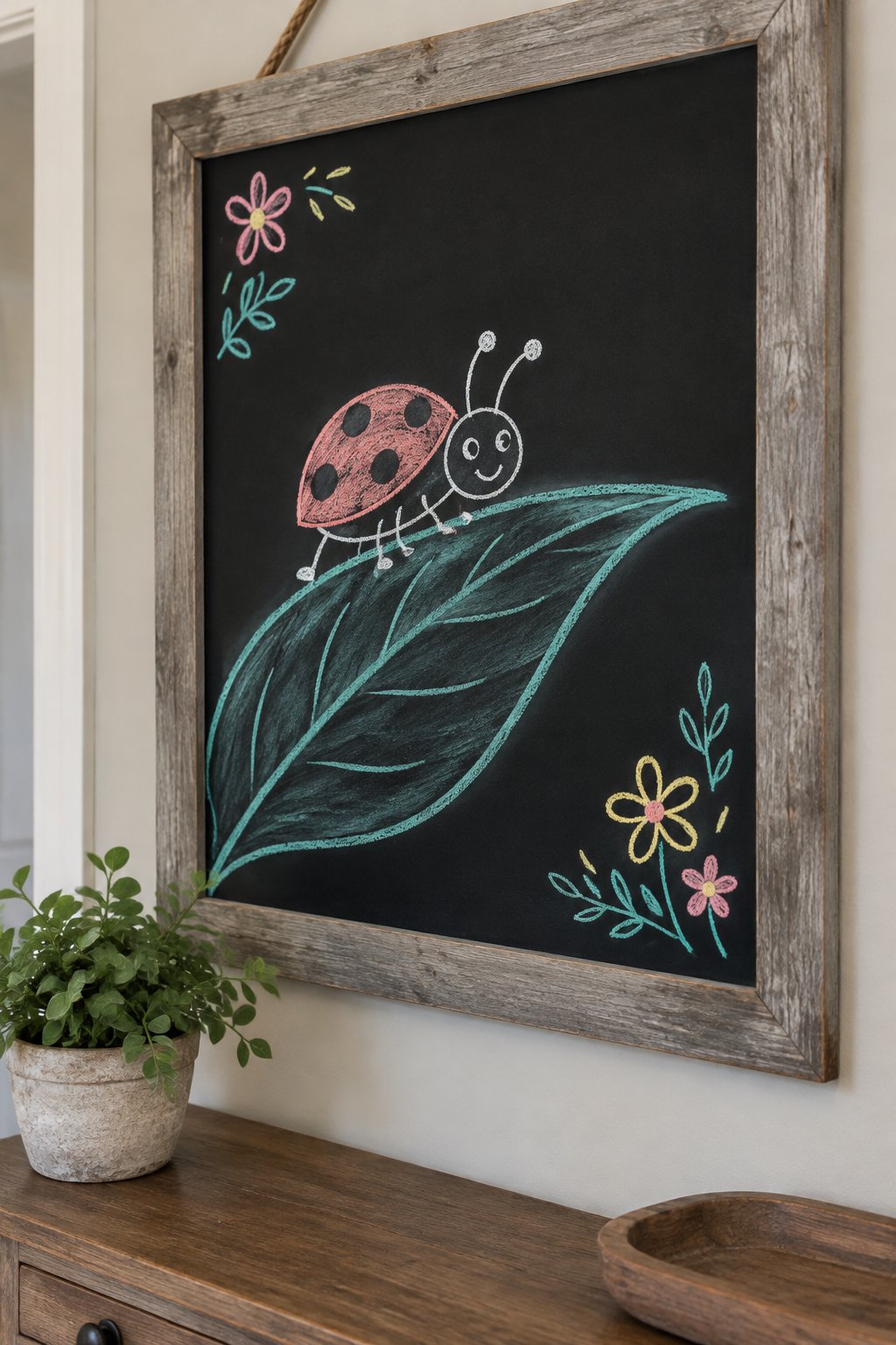 Ladybug on a Leaf: a hand-drawn spring chalkboard sign drawn without words, a ladybug walking along a big curved leaf.