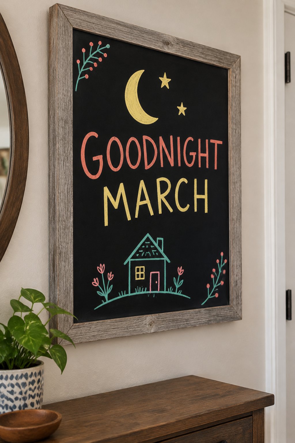 March Moon: a hand-drawn spring chalkboard sign reading "GOODNIGHT MARCH".