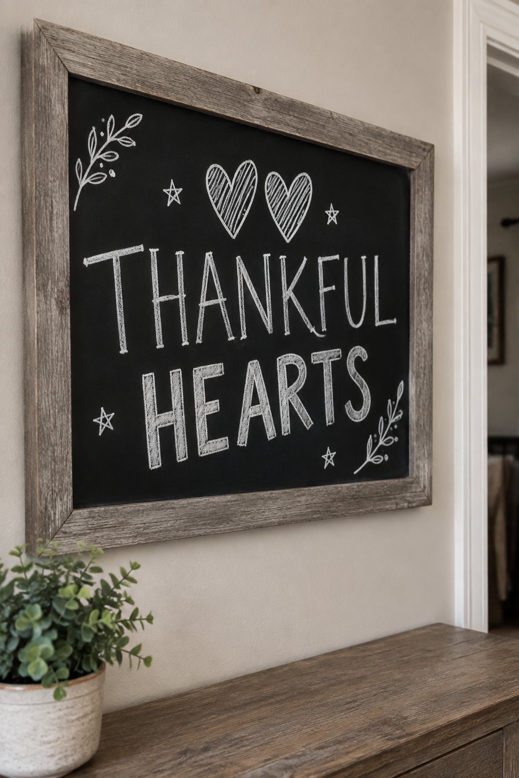 Thankful Hearts: a hand-drawn winter chalkboard sign reading "THANKFUL HEARTS".