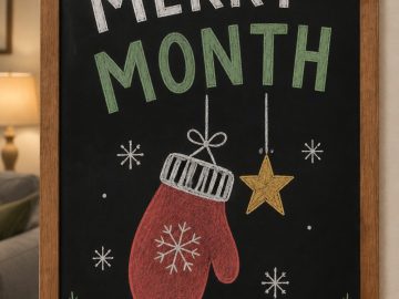A hand-drawn christmas chalkboard sign reading "MERRY MONTH".