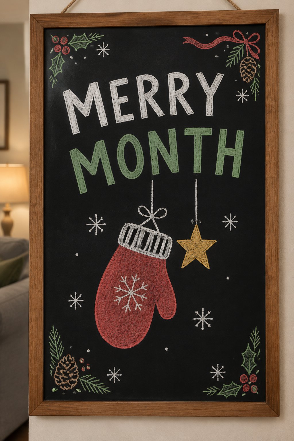 A hand-drawn christmas chalkboard sign reading "MERRY MONTH".