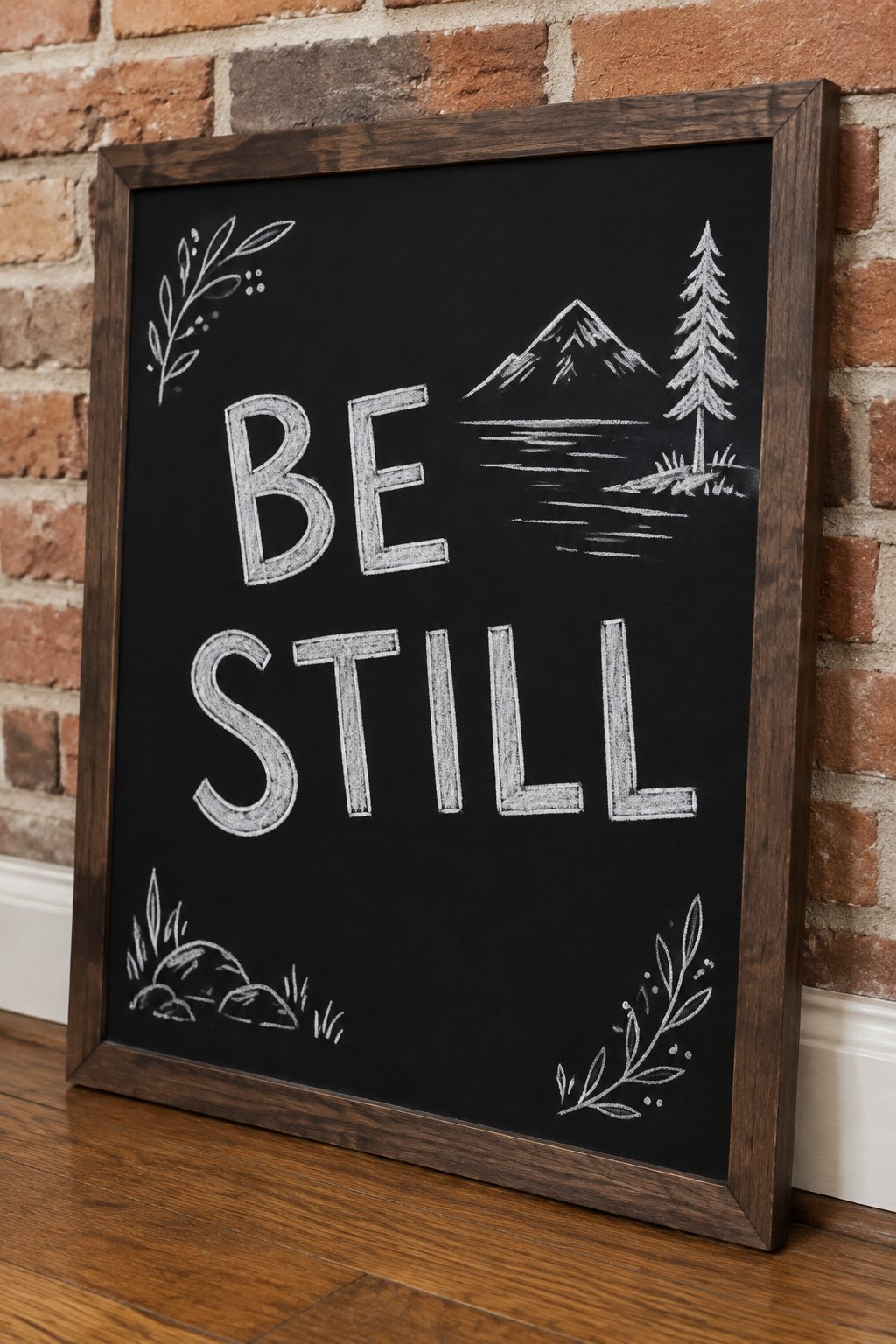 Be Still: a hand-drawn winter chalkboard sign reading "BE STILL".