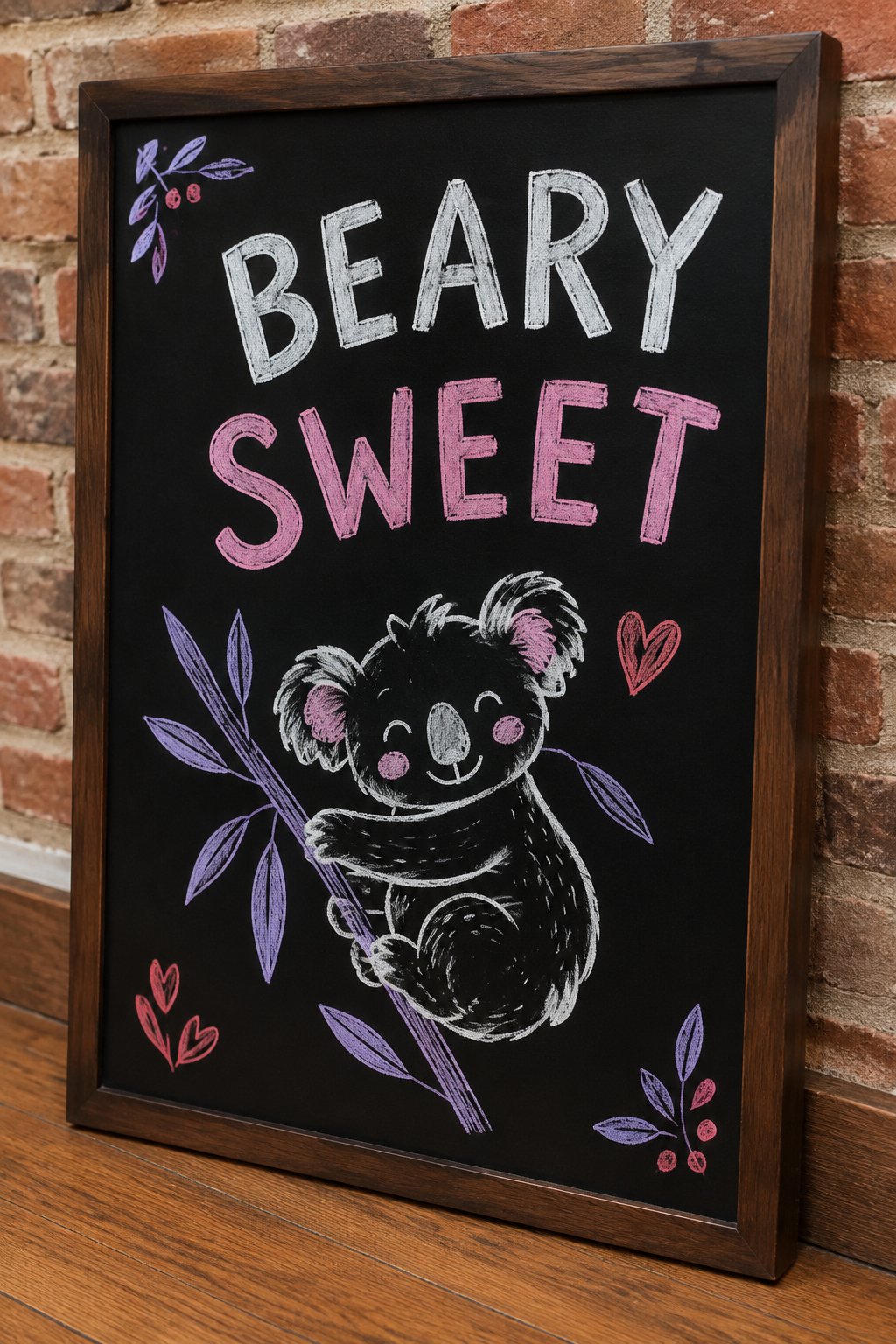 Beary Sweet: a hand-drawn valentines chalkboard sign reading "BEARY SWEET".