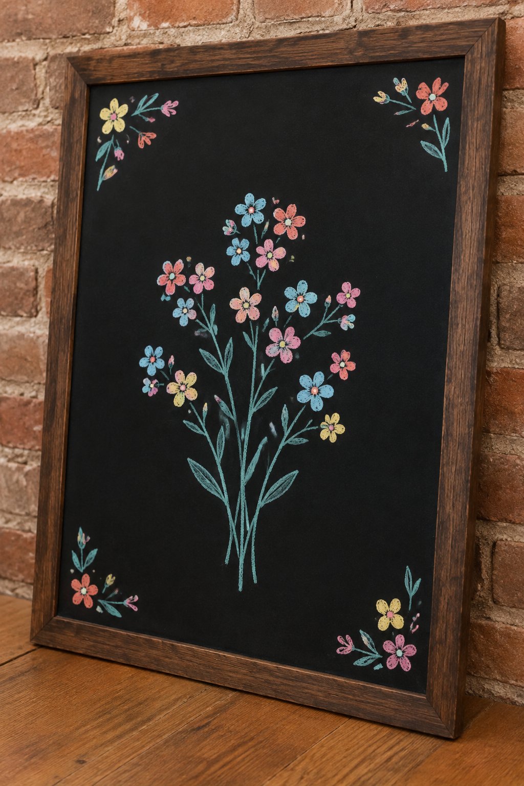 Forget Me Nots: a hand-drawn spring chalkboard sign drawn without words, a cluster of tiny forget me not flowers on thin stems.
