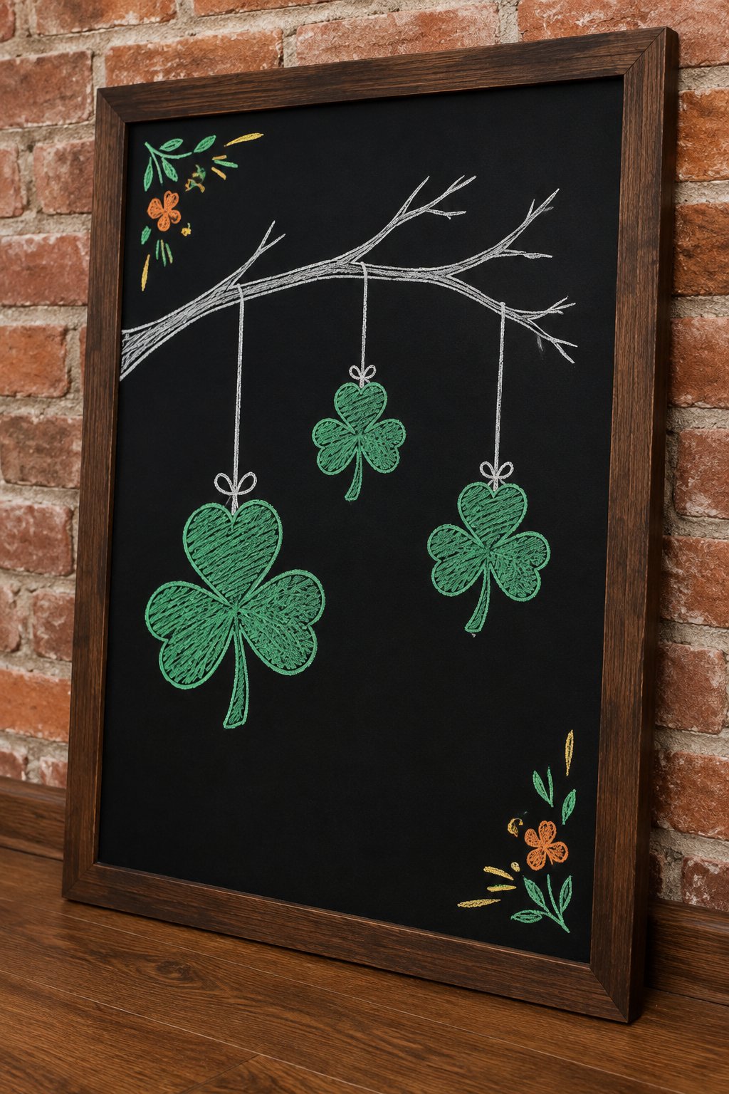 Hanging Shamrocks: a hand-drawn stpatricks chalkboard sign drawn without words, three shamrocks of different sizes hanging from a bare branch on thin strings.