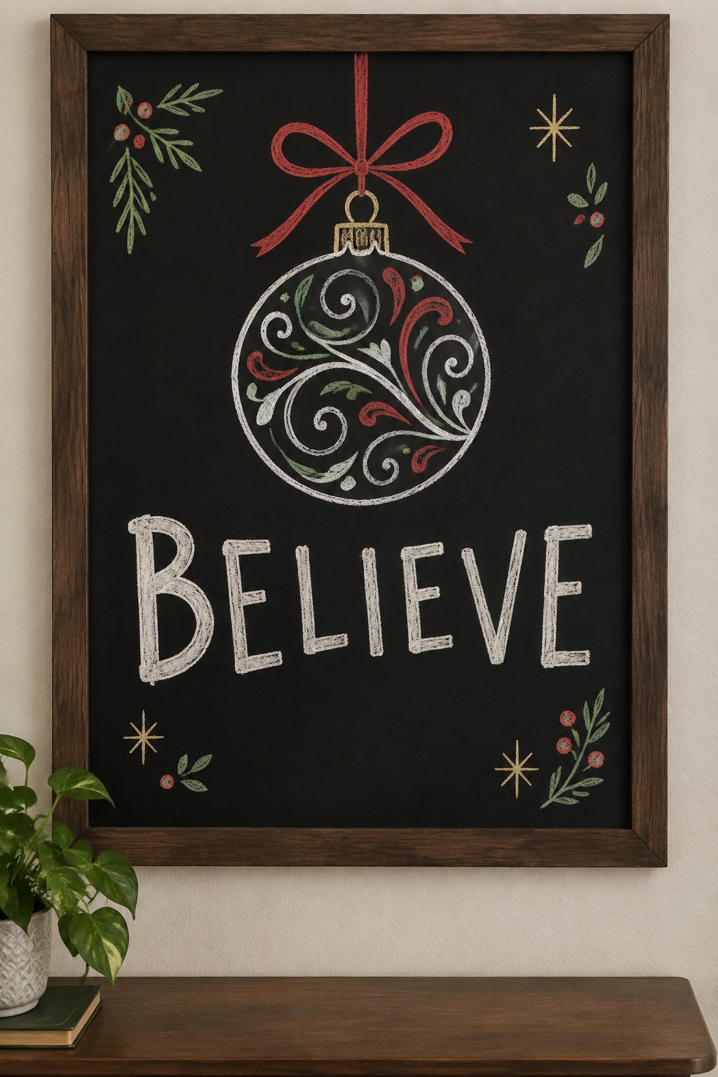 Single Ornament: a hand-drawn christmas chalkboard sign reading "BELIEVE".