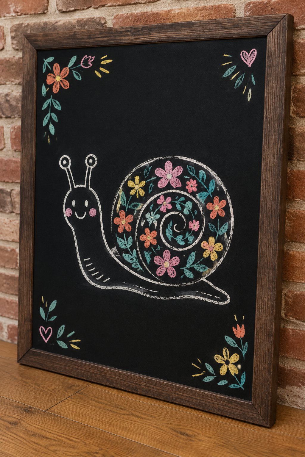 Snail with Flowers: a hand-drawn spring chalkboard sign drawn without words, a smiling snail with a shell shaped like a swirl of flowers.