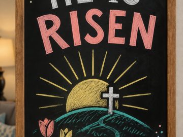 A hand-drawn spring chalkboard sign reading "HE IS RISEN".