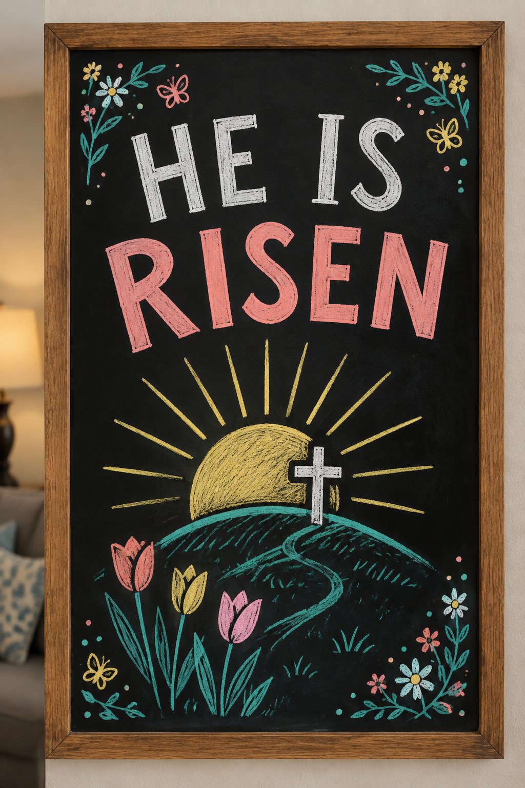 A hand-drawn spring chalkboard sign reading "HE IS RISEN".