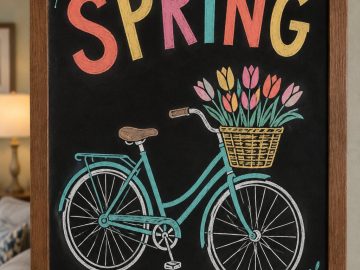 A hand-drawn spring chalkboard sign reading "SPRING".