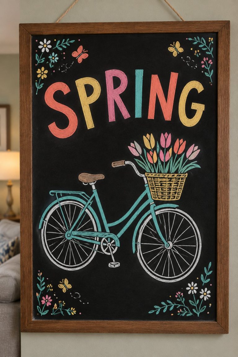 A hand-drawn spring chalkboard sign reading "SPRING".