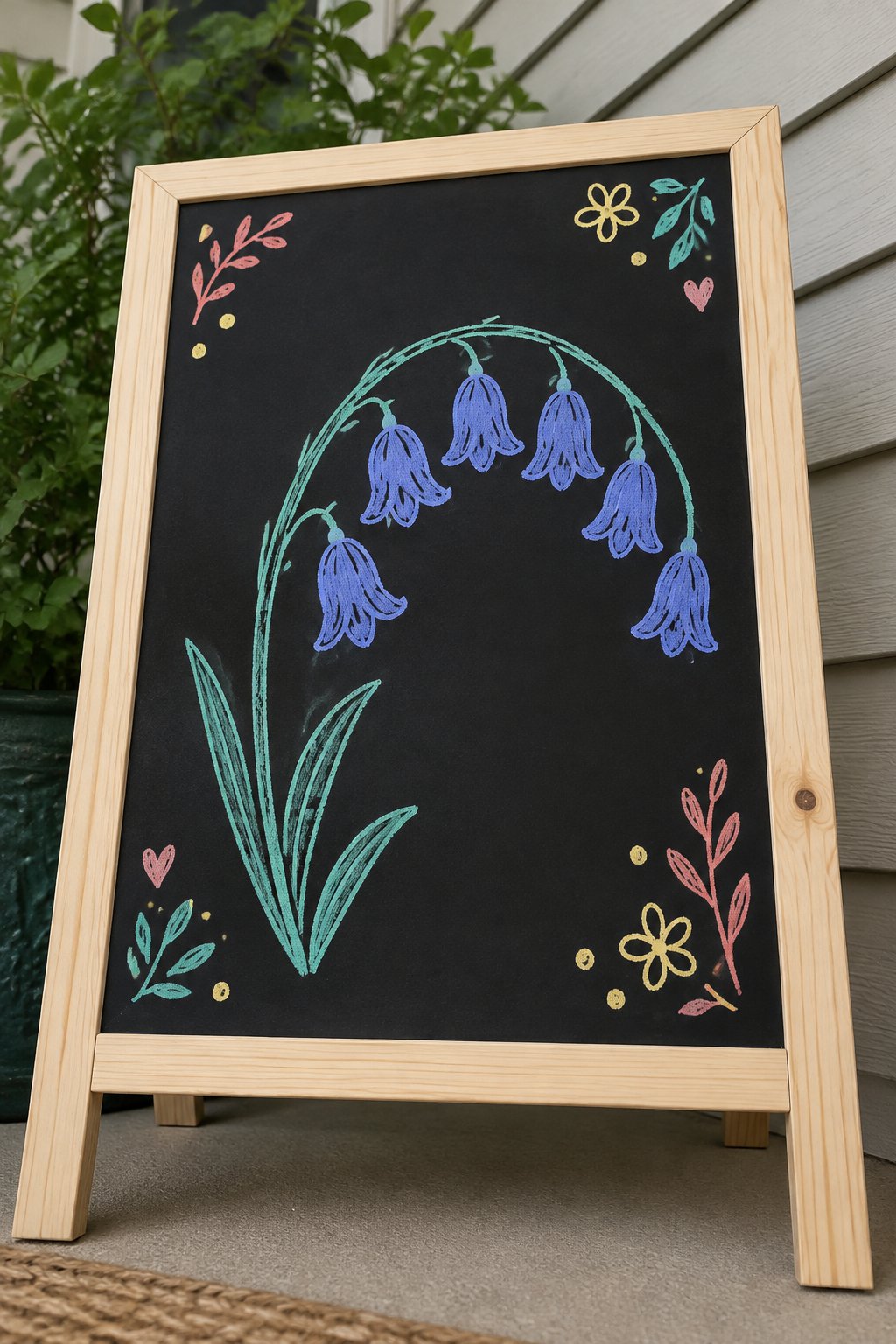 Bluebell Woods: a hand-drawn spring chalkboard sign drawn without words, a curved stem of bluebells hanging like little bells.