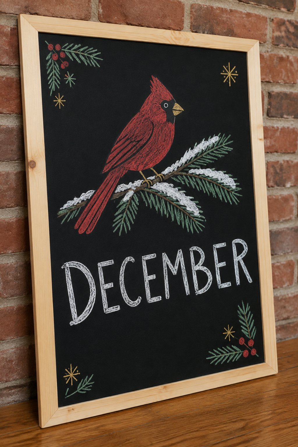 Cardinal on a Branch: a hand-drawn christmas chalkboard sign reading "DECEMBER".