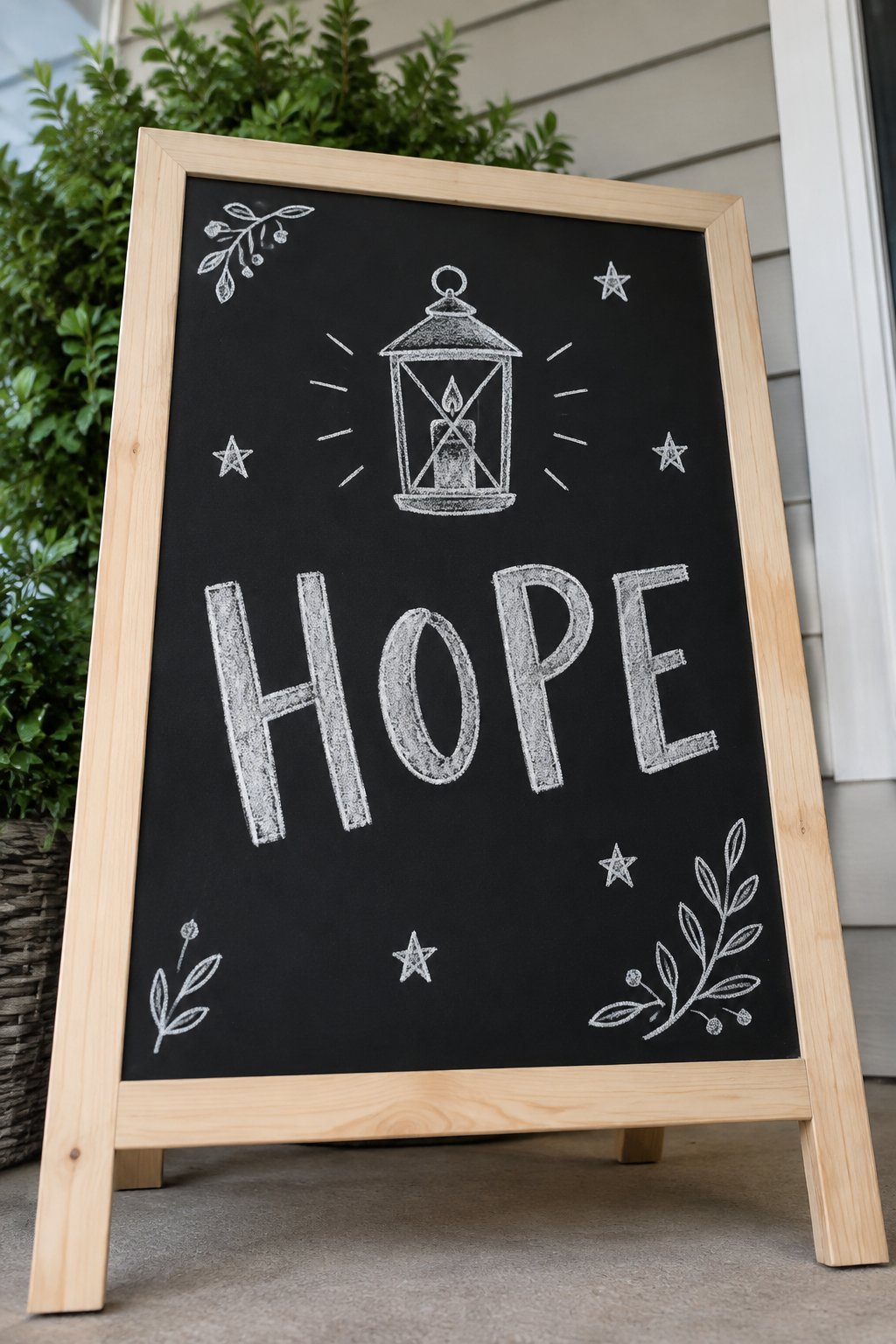 Hope: a hand-drawn winter chalkboard sign reading "HOPE".