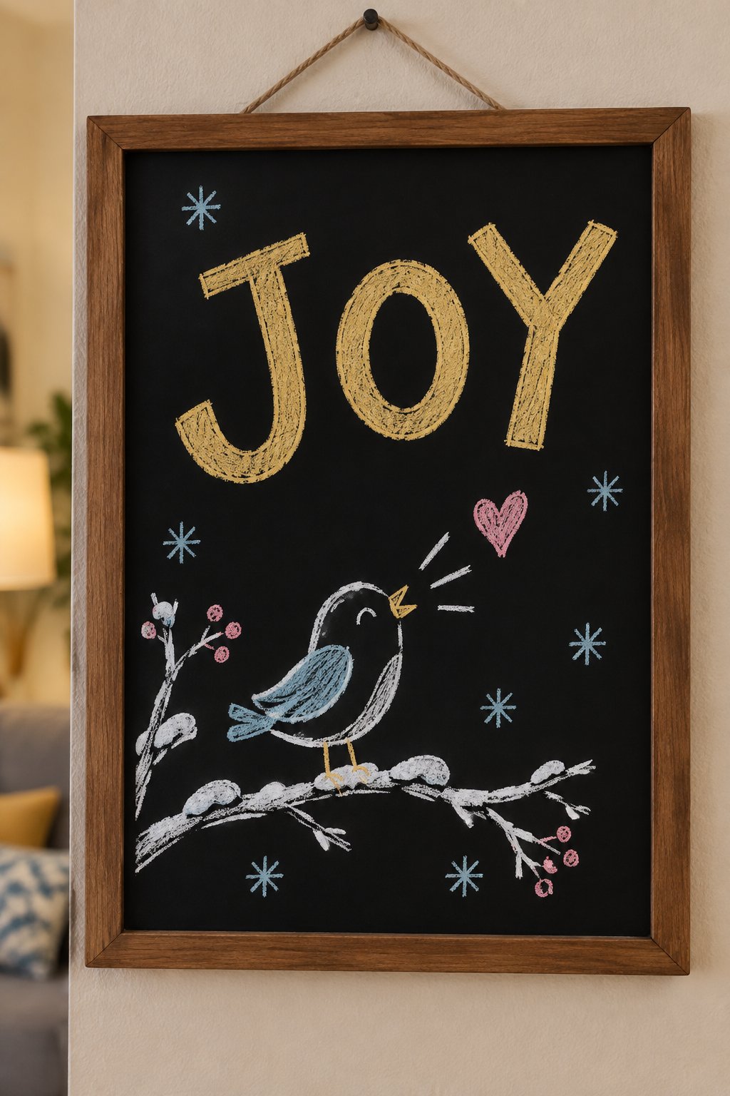 Joy Returns: a hand-drawn newyear chalkboard sign reading "JOY".