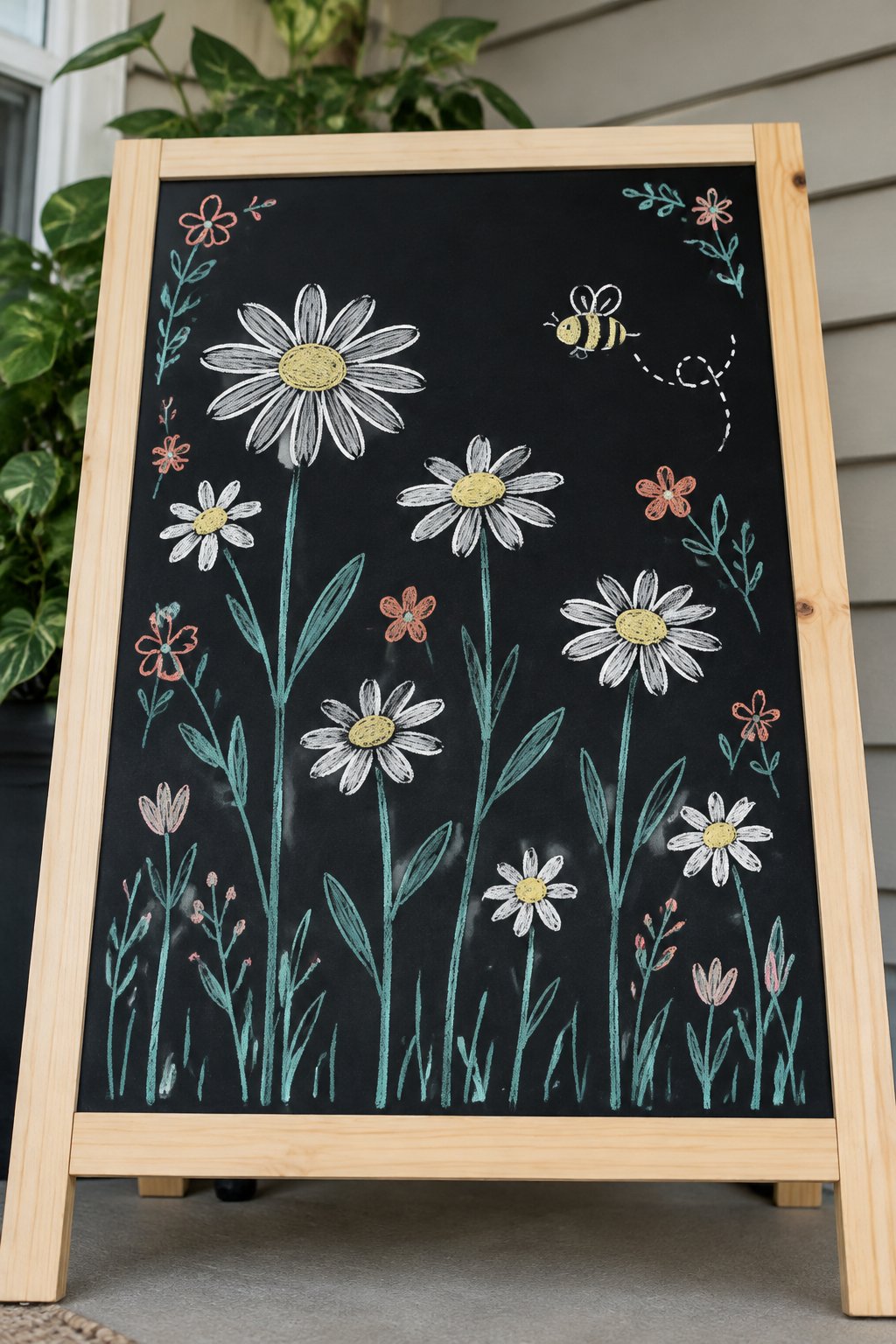 Meadow Daisies: a hand-drawn spring chalkboard sign drawn without words, a field of tall daisies with a small bee.