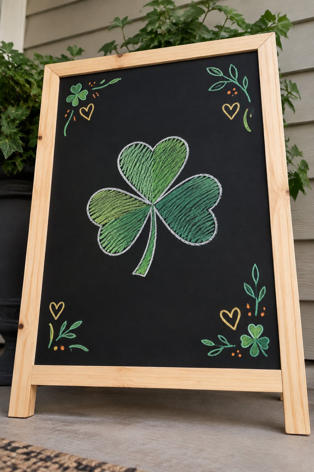 Ombre Shamrock: a hand-drawn stpatricks chalkboard sign drawn without words, a shamrock whose leaves are shaded from pale to deep green.