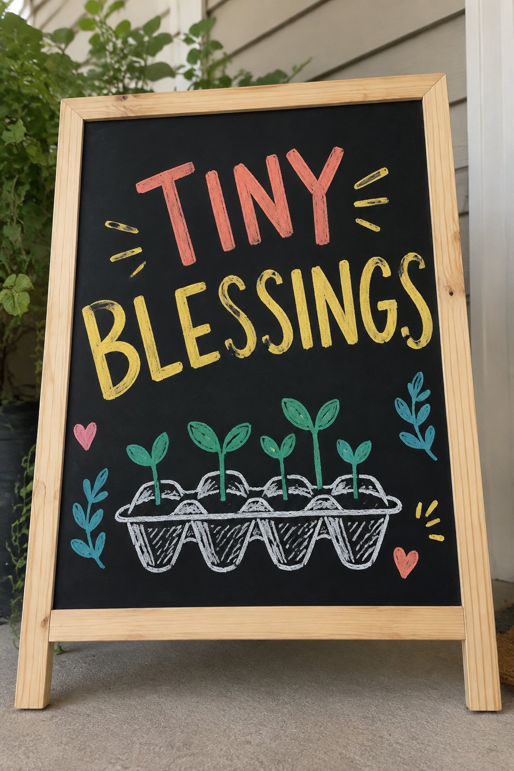 Tiny Blessings: a hand-drawn spring chalkboard sign reading "TINY BLESSINGS".