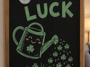 A hand-drawn stpatricks chalkboard sign reading "GOOD LUCK".