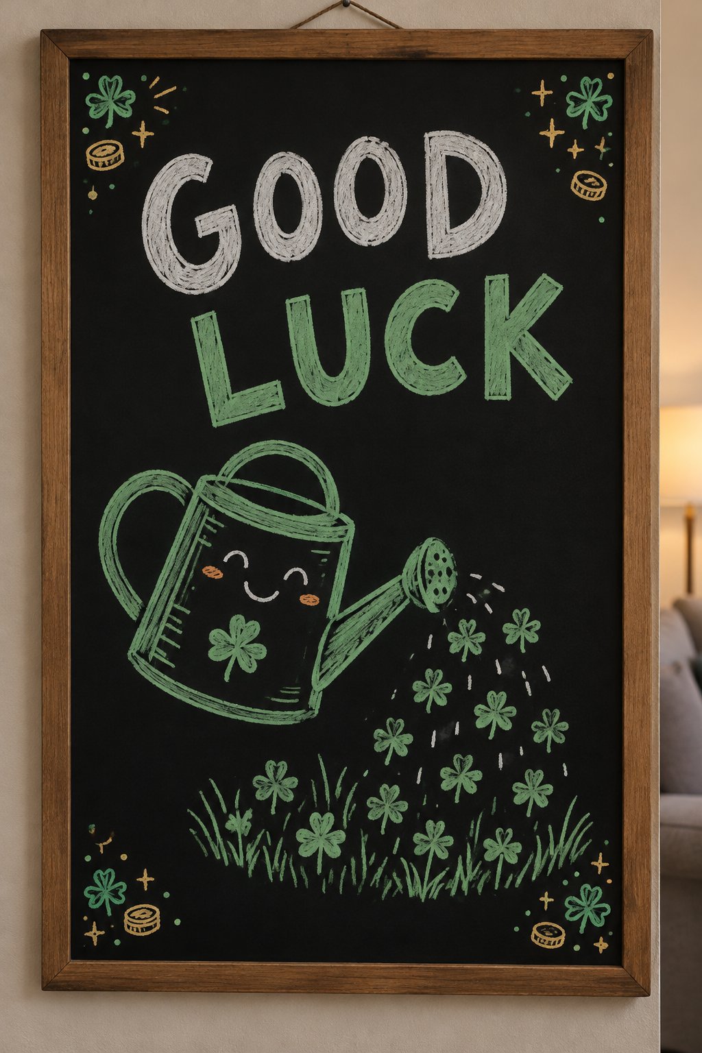 A hand-drawn stpatricks chalkboard sign reading "GOOD LUCK".