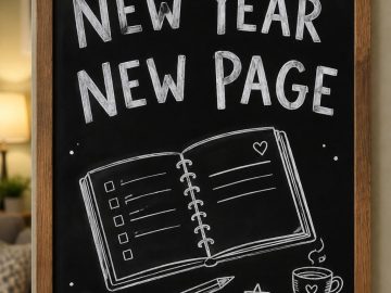 A hand-drawn winter chalkboard sign reading "NEW YEAR NEW PAGE".