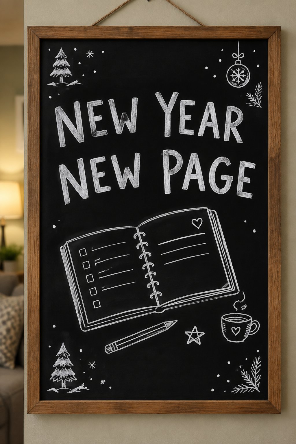 A hand-drawn winter chalkboard sign reading "NEW YEAR NEW PAGE".