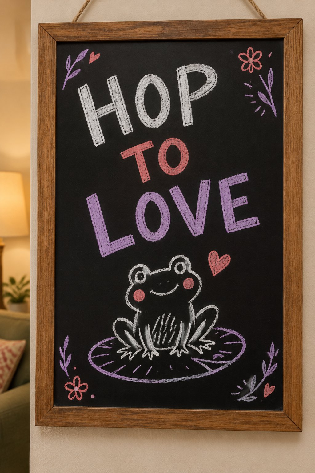 Hop to Love: a hand-drawn valentines chalkboard sign reading "HOP TO LOVE".