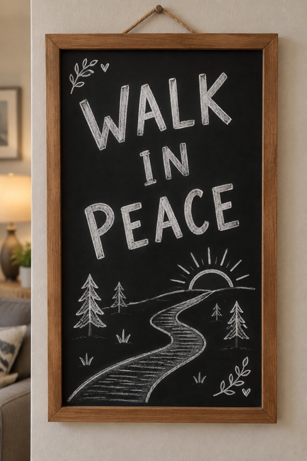 Walk in Peace: a hand-drawn winter chalkboard sign reading "WALK IN PEACE".