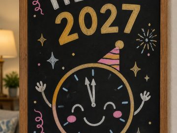 A hand-drawn newyear chalkboard sign reading "HELLO 2027".