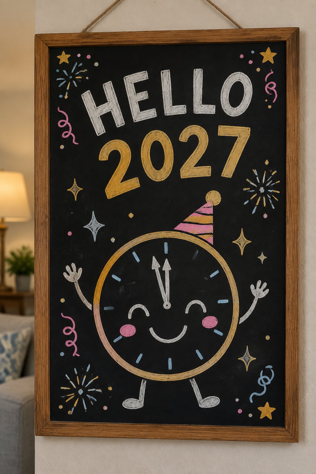 A hand-drawn newyear chalkboard sign reading "HELLO 2027".