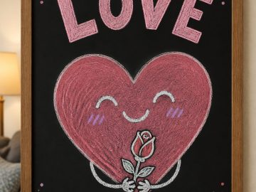 A hand-drawn valentines chalkboard sign reading "LOVE".