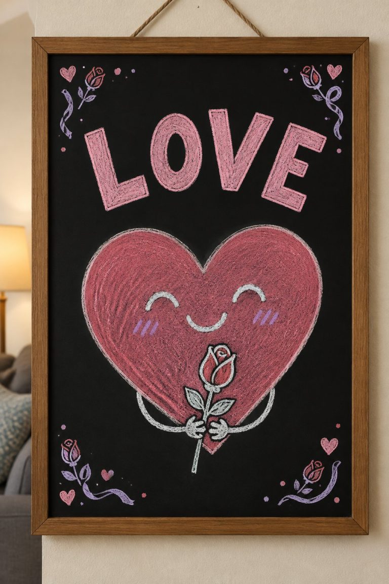 A hand-drawn valentines chalkboard sign reading "LOVE".